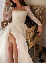 Chic A-line Square Neckline Long Sleeves Chiffon Wedding Dresses High Split-Ballbella