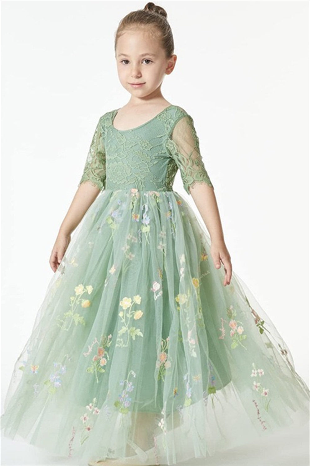 Chic Green Cap Sleeves Long Flower Girl Dresses With Appliques ballbellauk Chic Green Cap Sleeves Long Flower Girl Dresses With Appliques ballbellauk
