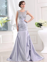 Chic Mermaid Beading Sleeveless Elastic Woven Satin Long Prom Dress-ballbellauk