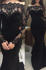 Chic Mermaid Long Sleeves Off-the-Shoulder Lace Elastic Woven Elegant Evening Dress-ballbellauk
