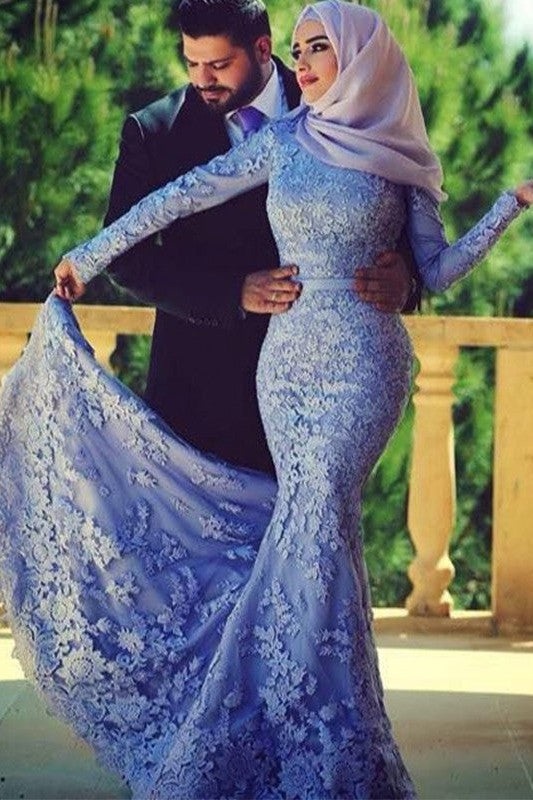 Chic Mermaid Long Sleeves Scoop Ruffles Lace Muslim Prom Dress ballbellauk Chic Mermaid Long Sleeves Scoop Ruffles Lace Muslim Prom Dress ballbellauk