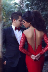 Chic Mermaid Scoop Long Sleeves With Appliques Stretch Crepe Prom Dress-ballbellauk