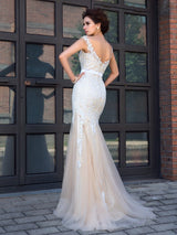 Chic Mermaid Sheer Neck With Appliques Short Sleeves Long Net Prom Dress-ballbellauk