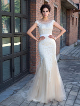 Chic Mermaid Sheer Neck With Appliques Short Sleeves Long Net Prom Dress-ballbellauk