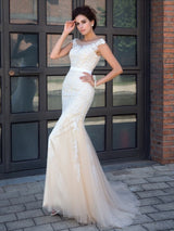 Chic Mermaid Sheer Neck With Appliques Short Sleeves Long Net Prom Dress-ballbellauk