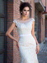 Chic Mermaid Sheer Neck With Appliques Short Sleeves Long Net Prom Dress-ballbellauk