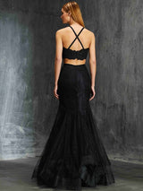 Chic Mermaid Spaghetti-Straps Sleeveless With Appliques Long Net Two Piece Prom Dress-ballbellauk