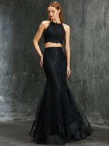 Chic Mermaid Spaghetti-Straps Sleeveless With Appliques Long Net Two Piece Prom Dress-ballbellauk