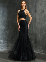 Chic Mermaid Spaghetti-Straps Sleeveless With Appliques Long Net Two Piece Prom Dress-ballbellauk