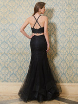 Chic Mermaid Spaghetti-Straps Sleeveless With Appliques Long Tulle Two Piece Prom Dress-ballbellauk