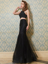 Chic Mermaid Spaghetti-Straps Sleeveless With Appliques Long Tulle Two Piece Prom Dress-ballbellauk