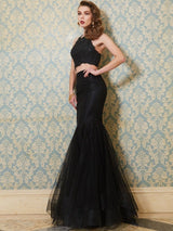 Chic Mermaid Spaghetti-Straps Sleeveless With Appliques Long Tulle Two Piece Prom Dress-ballbellauk