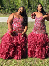 Chic Mermaid Sweetheart Beading Sleeveless Long Organza Plus Size Prom Dress-ballbellauk