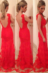 Chic Mermaid V-neck With Appliques Sleeveless Lace Backless Long Dress-ballbellauk