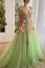 Chic Spaghetti-Straps Sleeveless Long soft net Prom Dress With Front Split-ballbellauk