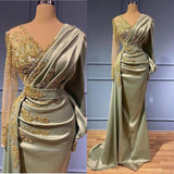 Chic V-Neck Mermaid Ball Dresses Long Prom Dress With Appliques Long Sleeves-ballbellauk