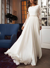 Chiffon Lace Wedding Dress Long Sleeves Sweep Train-Ballbella