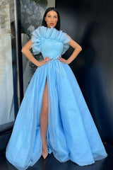 Classic Blue A-lineTulle Floor-length Prom Dress Side-cut-ballbellauk
