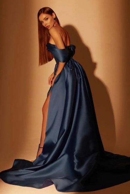 Classic Long Navy Blue A-line Off-the-shoulder Ball Dresses With