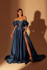 Classic Long Navy Blue A-line Off-the-shoulder Ball Dresses With Split Online-ballbellauk