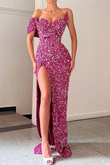 Classic Sparkle One-shoulder Sweetheart Mermaid Sequin Evening Dresses-ballbellauk