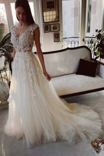 Classy Ivory A-Line Long V-Neck Garden Lace Wedding Dresses ballbellauk Classy Ivory A-Line Long V-Neck Garden Lace Wedding Dresses ballbellauk