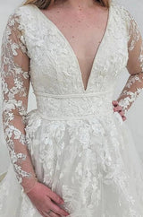Classy Long Sleeves V-Neck Garden Lace A-Line Wedding Dresses-ballbellauk