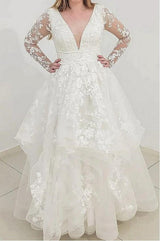 Classy Long Sleeves V-Neck Garden Lace A-Line Wedding Dresses-ballbellauk
