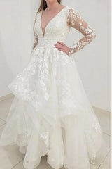 Classy Long Sleeves V-Neck Garden Lace A-Line Wedding Dresses-ballbellauk
