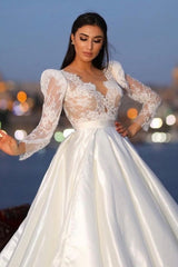 Classy Long Sleeves V-neck Satin Wedding Dresses with Lace-ballbellauk