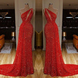 Classy One Shoulder Red Evening Dresses Sequins Long On Sale-ballbellauk