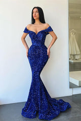 Classy Royal Blue Sequins Mermaid Evening Dress Long Off-ther-Shoulder-ballbellauk