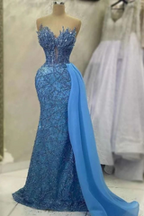 Classy Sweetheart Blue Dusty Mermaid Floor length Sleeveless Prom Dresses-Ballbella