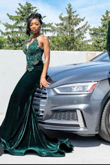 Dark Green Beaded Mermaid Fit Floor length Prom Dresses-Ballbella