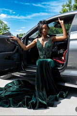 Dark Green Beaded Mermaid Fit Floor length Prom Dresses-Ballbella