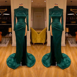 Dark Green Beadings Pearl Ball Dresses Mermaid Prom Dress Split Long Sleeves-ballbellauk