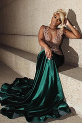 Dark Green Champange Beaded V-neck Sleeveless Long Prom Dresses-Ballbella
