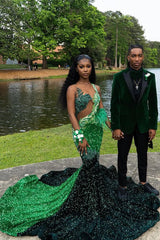 Dark Green Emerald Green Mermaid Hot See through Keyhole Prom Dresses-Ballbella
