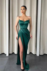 Dark Green Mermaid Prom Dress Long With Slit Spaghetti-Straps-ballbellauk