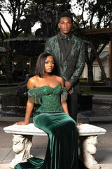 Dark Green Off the shoulder Sequined Mermaid Long Prom Dresses-Ballbella
