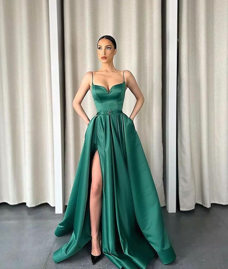 Dark Green Slit Prom Dress Long With Pockets Spaghetti-Strapes