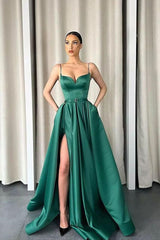 Dark Green Slit Prom Dress Long With Pockets Spaghetti-Strapes-ballbellauk