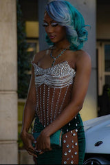 Dark Green Sweetheart Silver Beaded See through Hot Prom Dresses-Ballbella