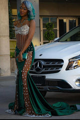 Dark Green Sweetheart Silver Beaded See through Hot Prom Dresses-Ballbella