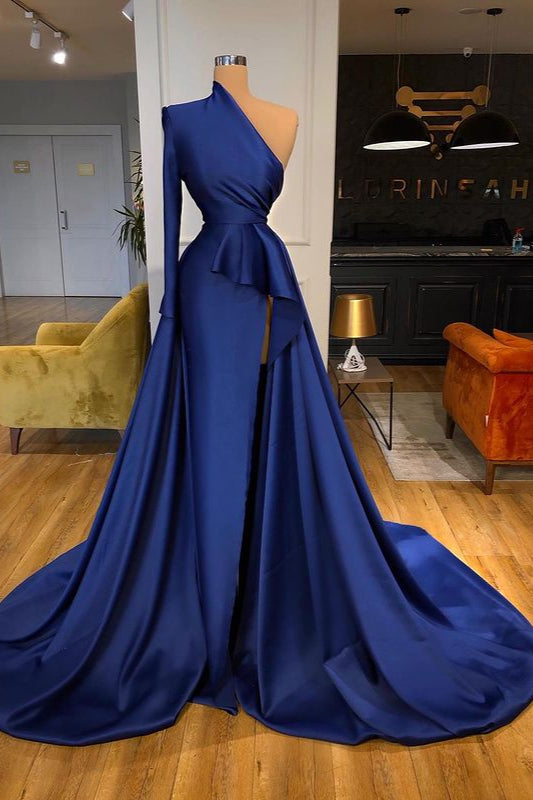 Dark Royal Blue Ruffles Side-cut Overskirt Prom Dress One shoulder ballbellauk Dark Royal Blue Ruffles Side-cut Overskirt Prom Dress One shoulder ballbellauk