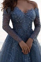 Dusty Blue Sequined A-Line Long Sleeves Sweetheart Prom Dress-ballbellauk
