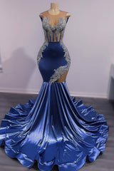 Dusty Blue Shiny Silver Beaded Mermaid Court Train Prom Dresses-Ballbella