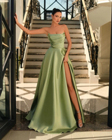 Dusty Sage Strapless Sleeveless Silk like satin A-line High Split Prom Dresses-Ballbella