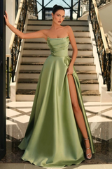 Dusty Sage Strapless Sleeveless Silk like satin A-line High Split Prom Dresses-Ballbella