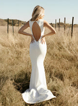 Elastic Satin Sleeveless Sweep Train Mermaid Fitted Scoop Neck Wedding Dresses-Ballbella